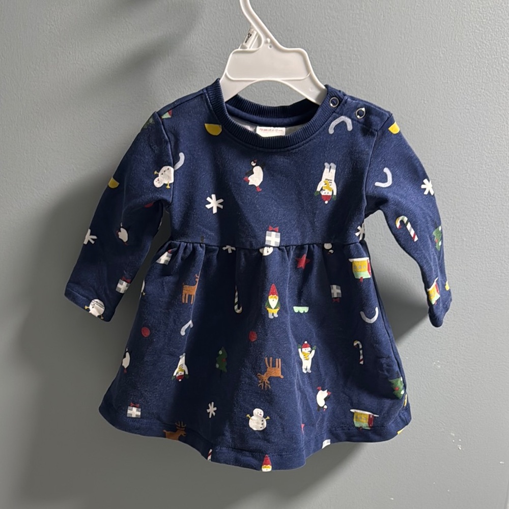 Hanna Andersson Cute Navy Blue Baby Dress with Winter Print